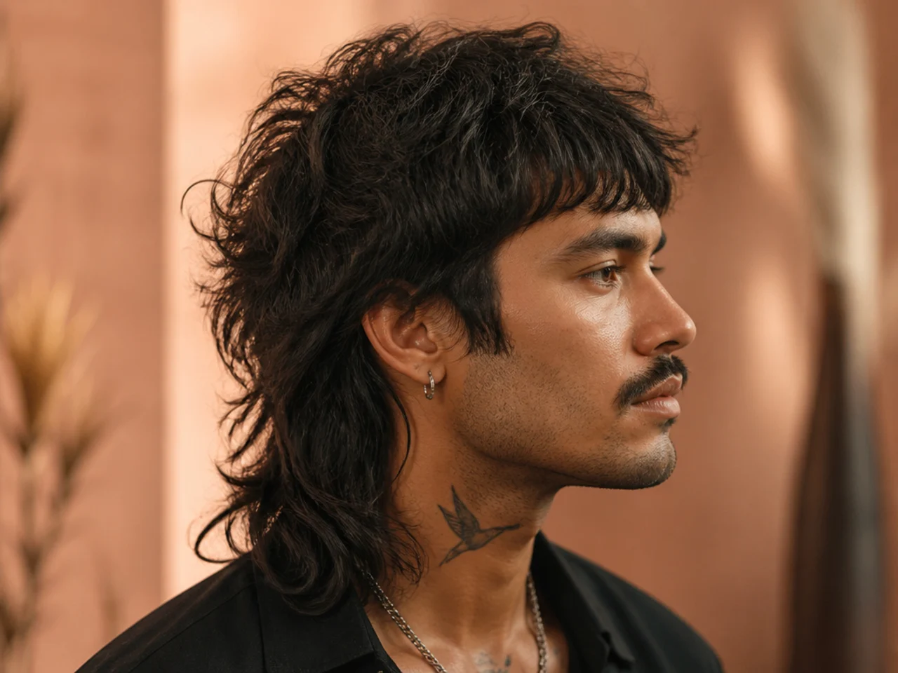 Rockstar wolf mullet with wild volumized crown center part and long feathered back on dark straight hair