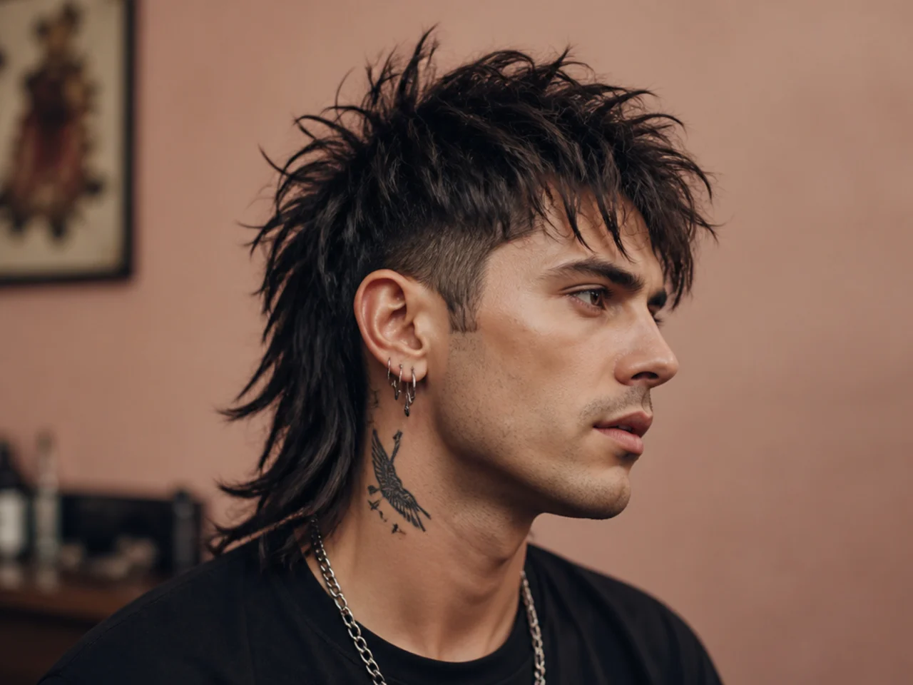 Punk wolf mullet with razored spiky crown disconnected undercut sides and long choppy back on dark hair