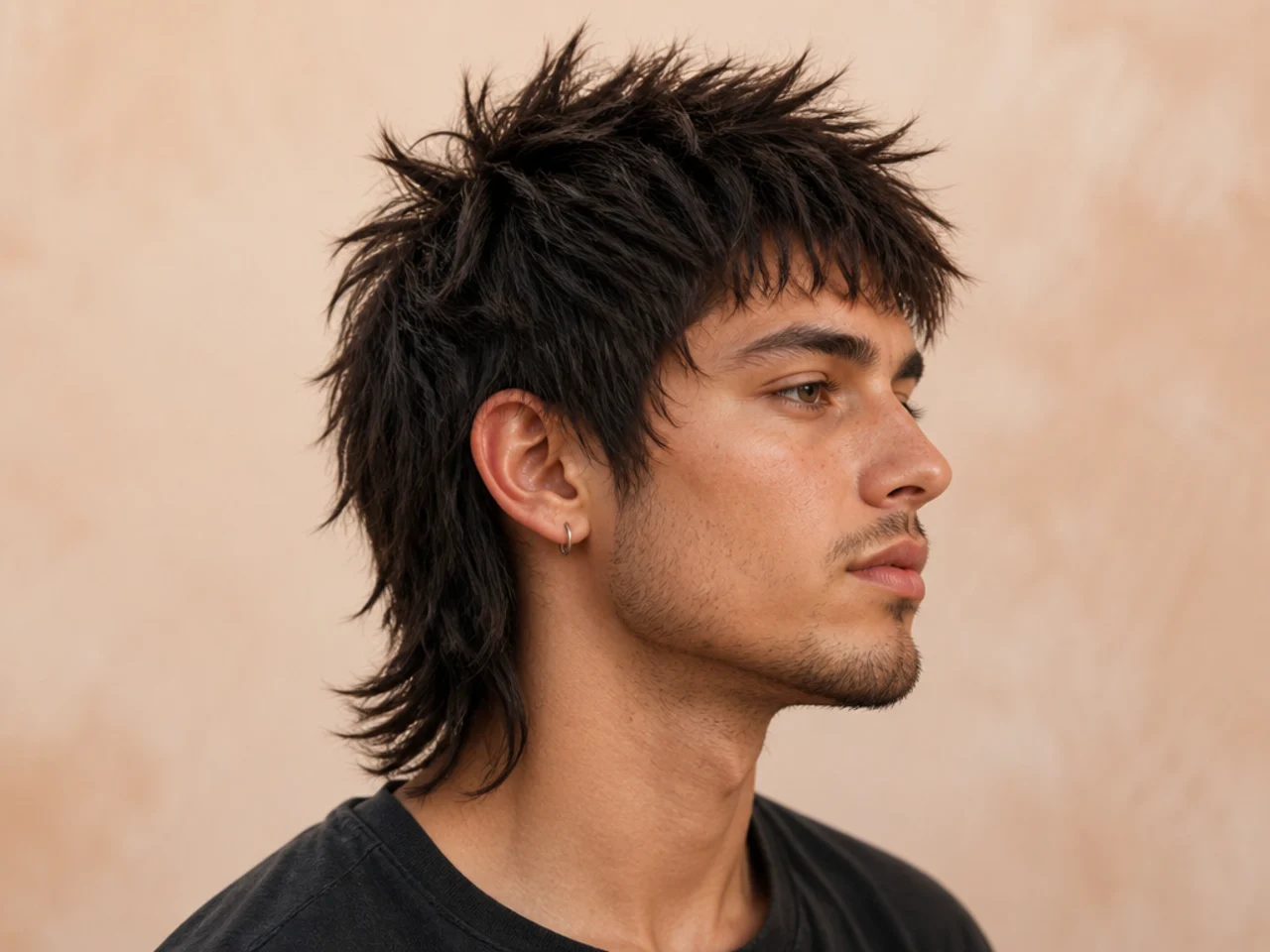 Spiky wolf mullet with vertical crown texture and layered mid-length back on medium brown hair