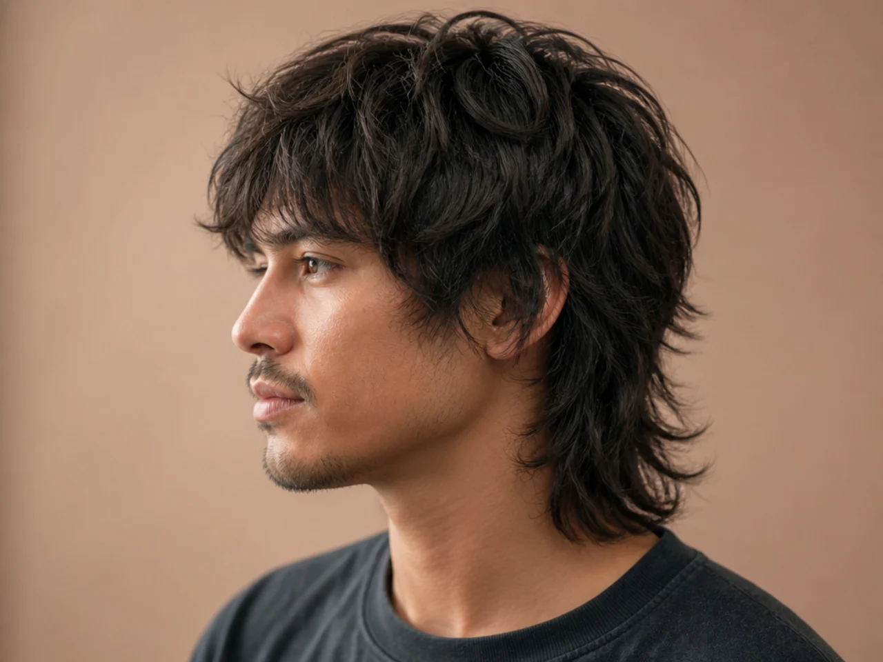 Skater wolf mullet with heavy fringe messy crown and shoulder-length back on wavy light brown hair