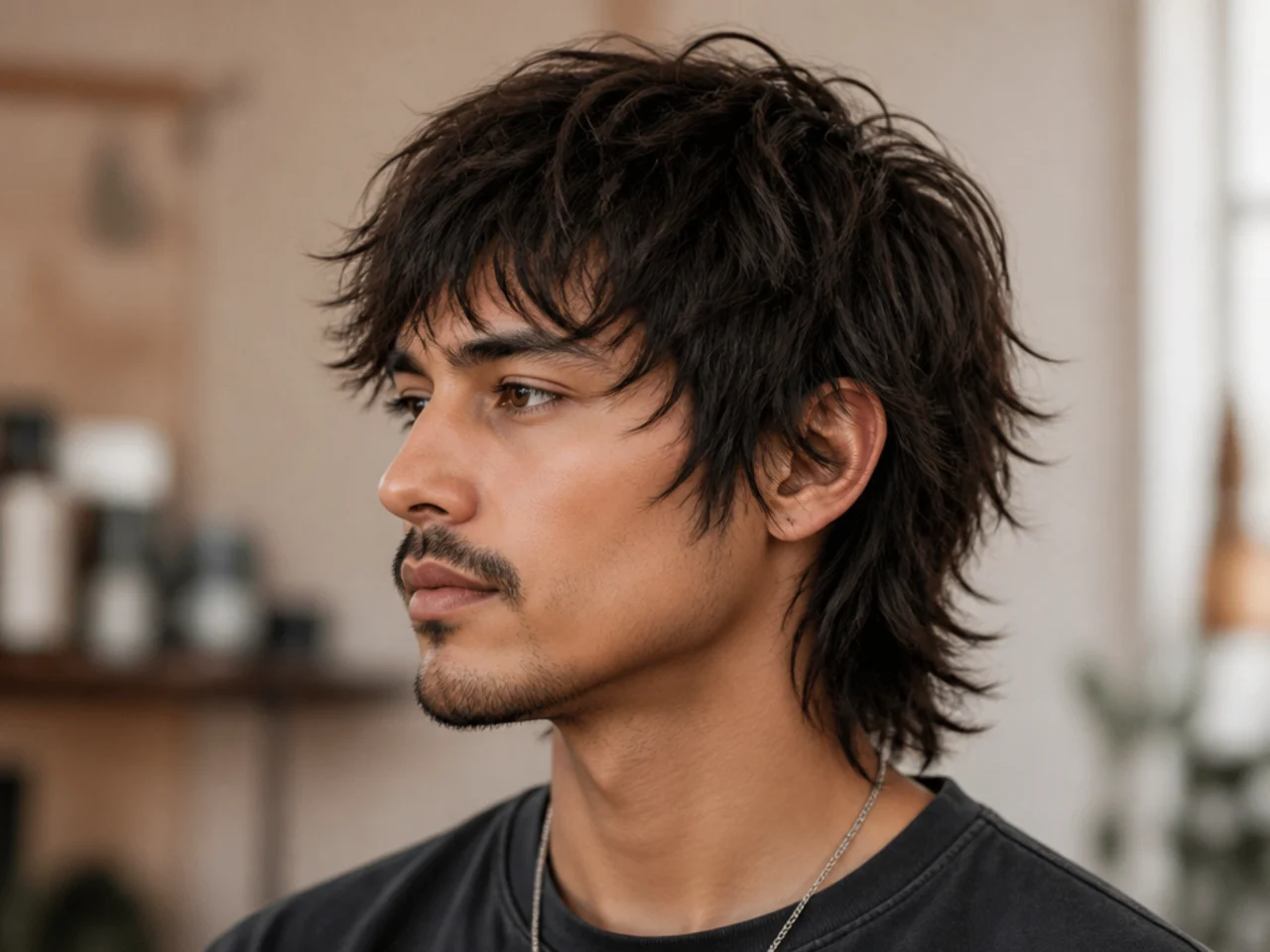 Choppy wolf mullet with razor-cut piecey layers and disconnected sideburns on dark straight hair
