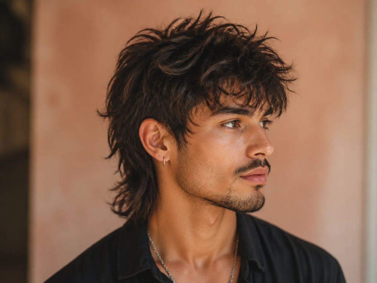 Textured wolf mullet with dense point-cut layers throughout and piecey ends on medium brown hair
