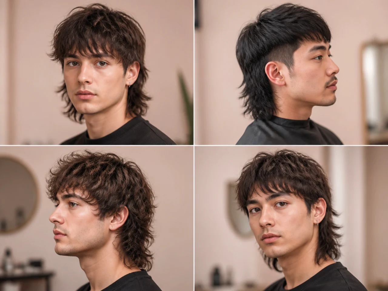 Wolf mullet on a young man with fine straight hair showing dense internal layering that creates the illusion of density