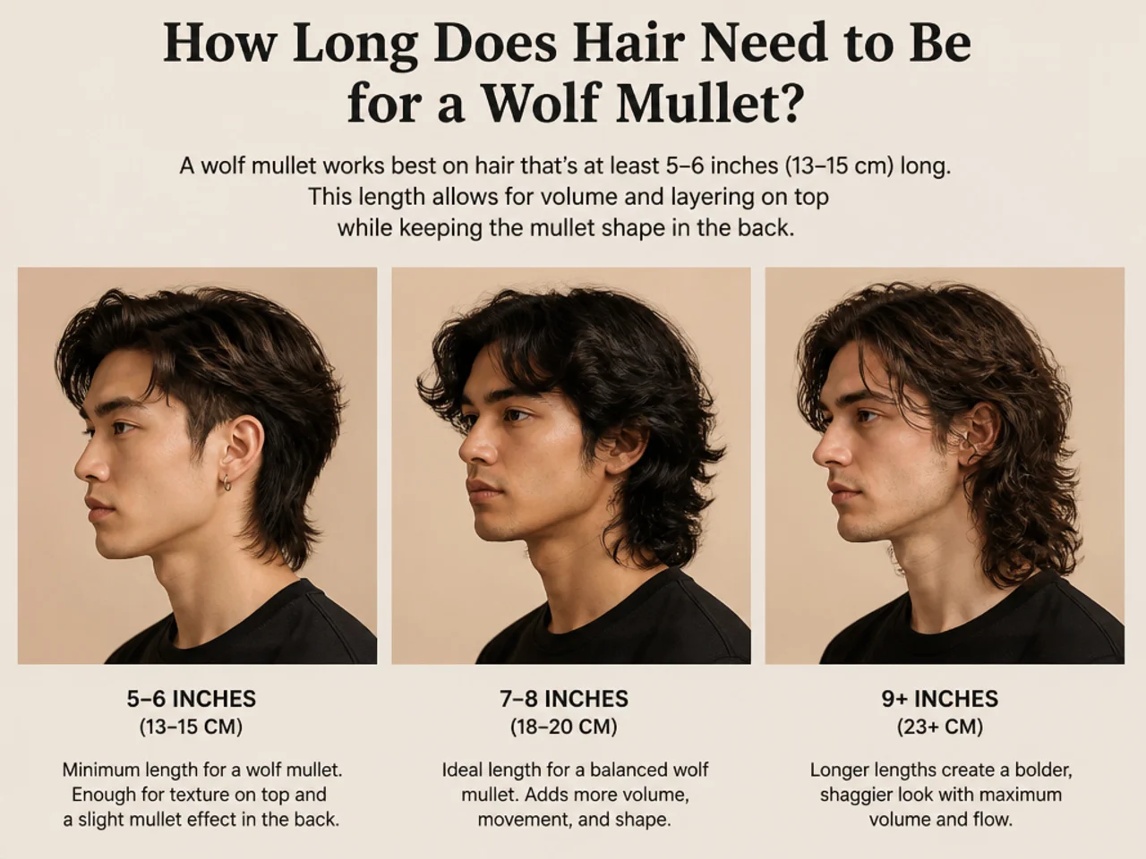 Man measuring hair length in a barbershop mirror to check for wolf mullet minimum length