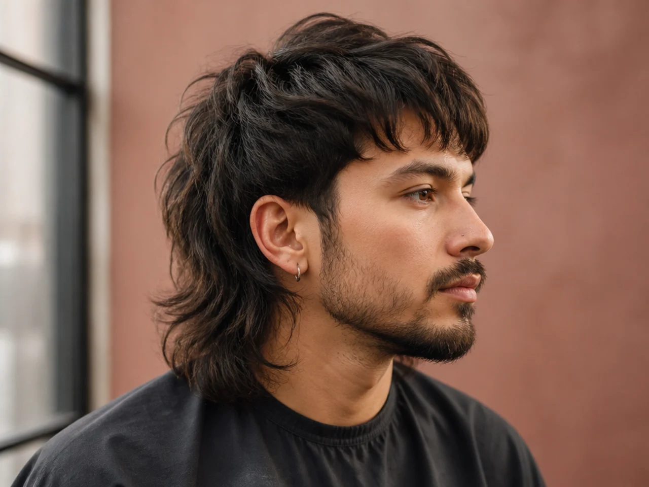 Barber consultation with a client showing wolf mullet reference photos on a phone in a modern barbershop