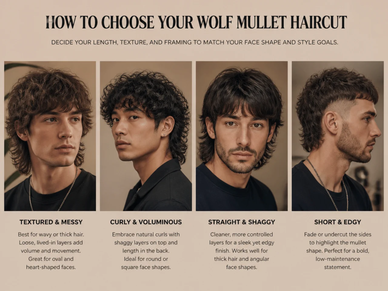 Three men side by side with different wolf mullet variations from wild to workplace friendly in a barbershop