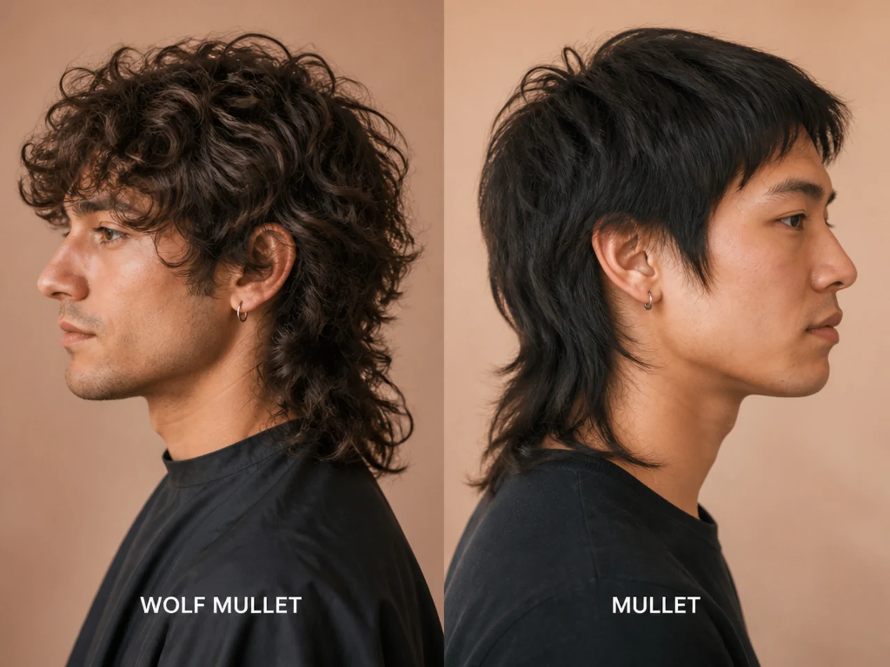 Side-by-side comparison of a classic modern mullet and a wolf mullet on two men in the same barbershop lighting