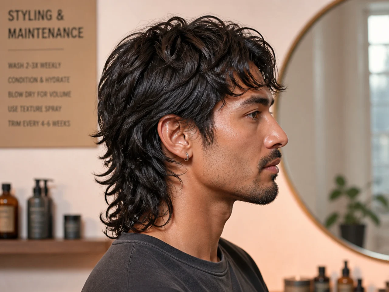 Wolf mullet styling products arranged on a warm surface — matte cream, sea-salt spray, hairspray, wide-tooth comb