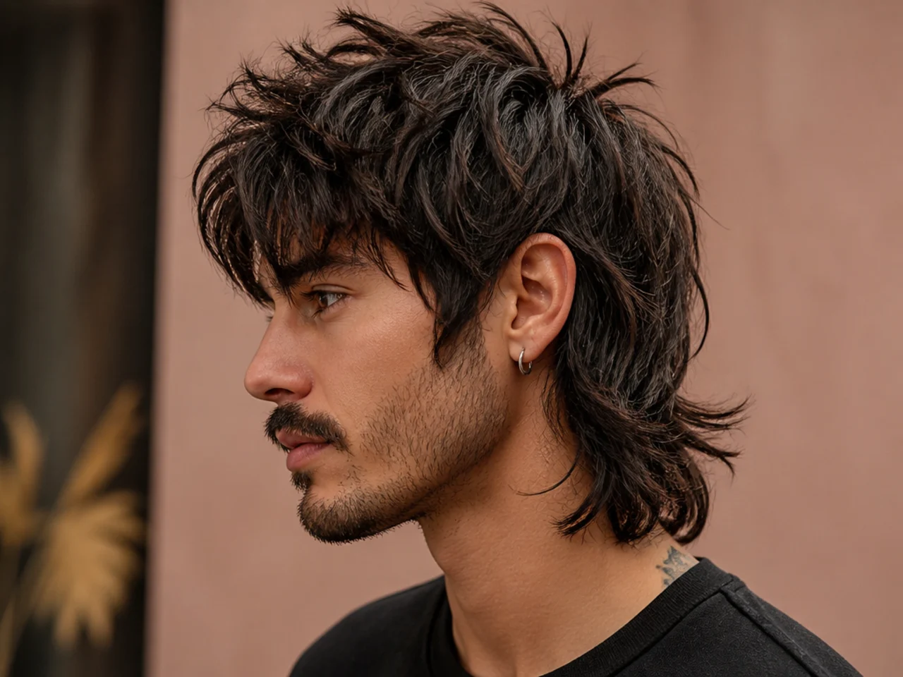 Side profile of a wolf mullet haircut showing wild layered crown volume face-framing pieces and elongated shaggy nape
