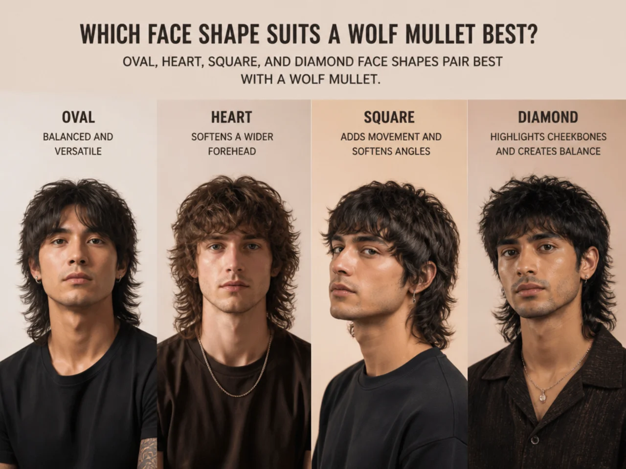 Diagram of face shapes matched with their best wolf mullet variations