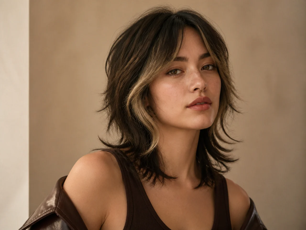 Wolf cut with face-framing highlights