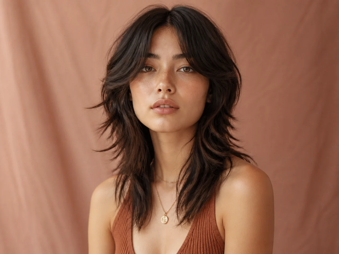 Wolf cut with a centre parting
