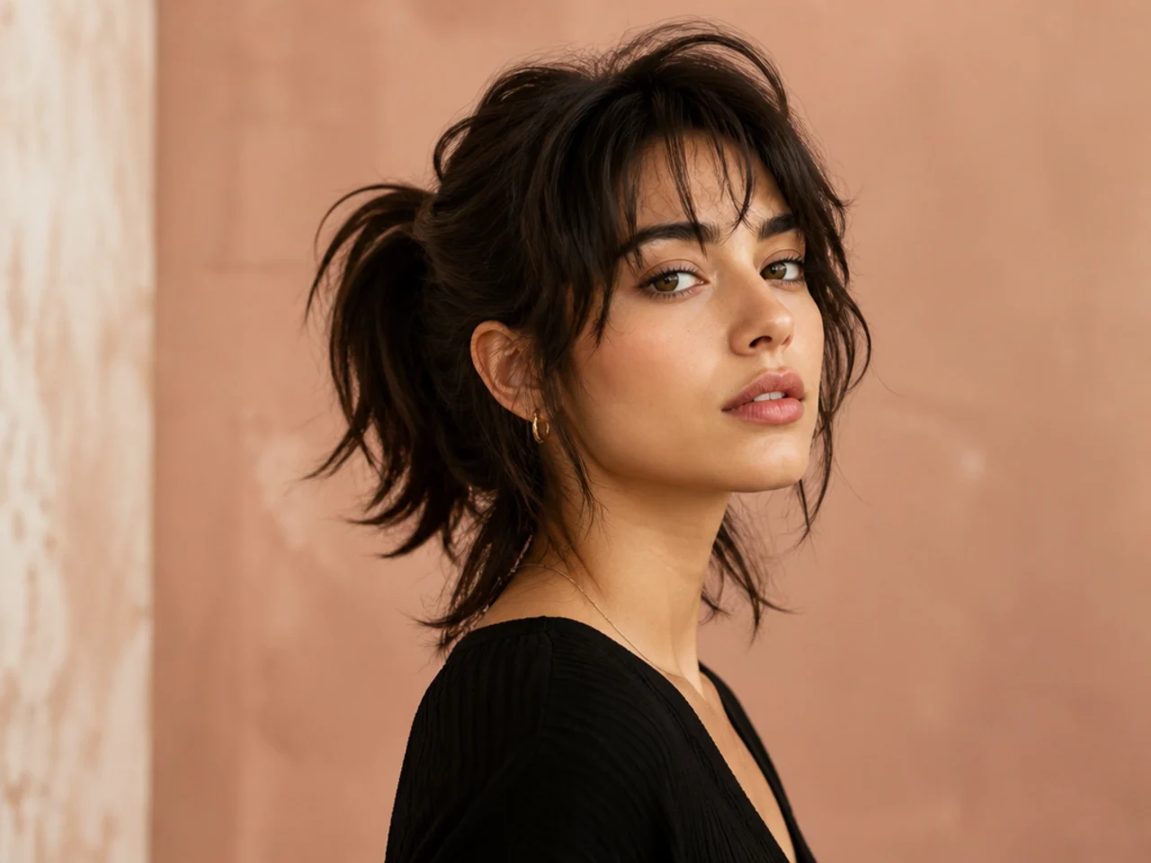 Wolf cut gathered into a ponytail with layers held in