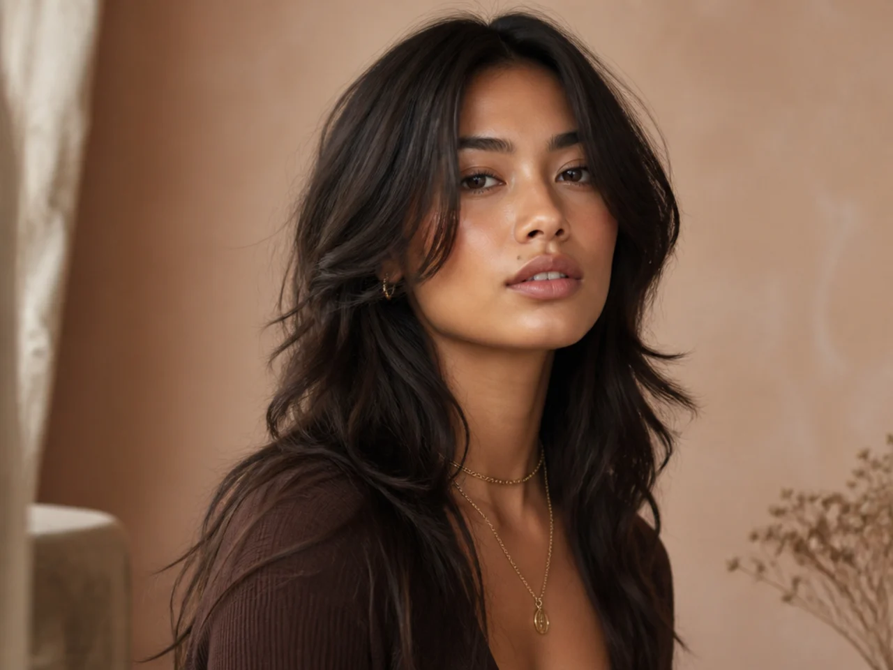 Long hair with cheekbone-length face-framing layers