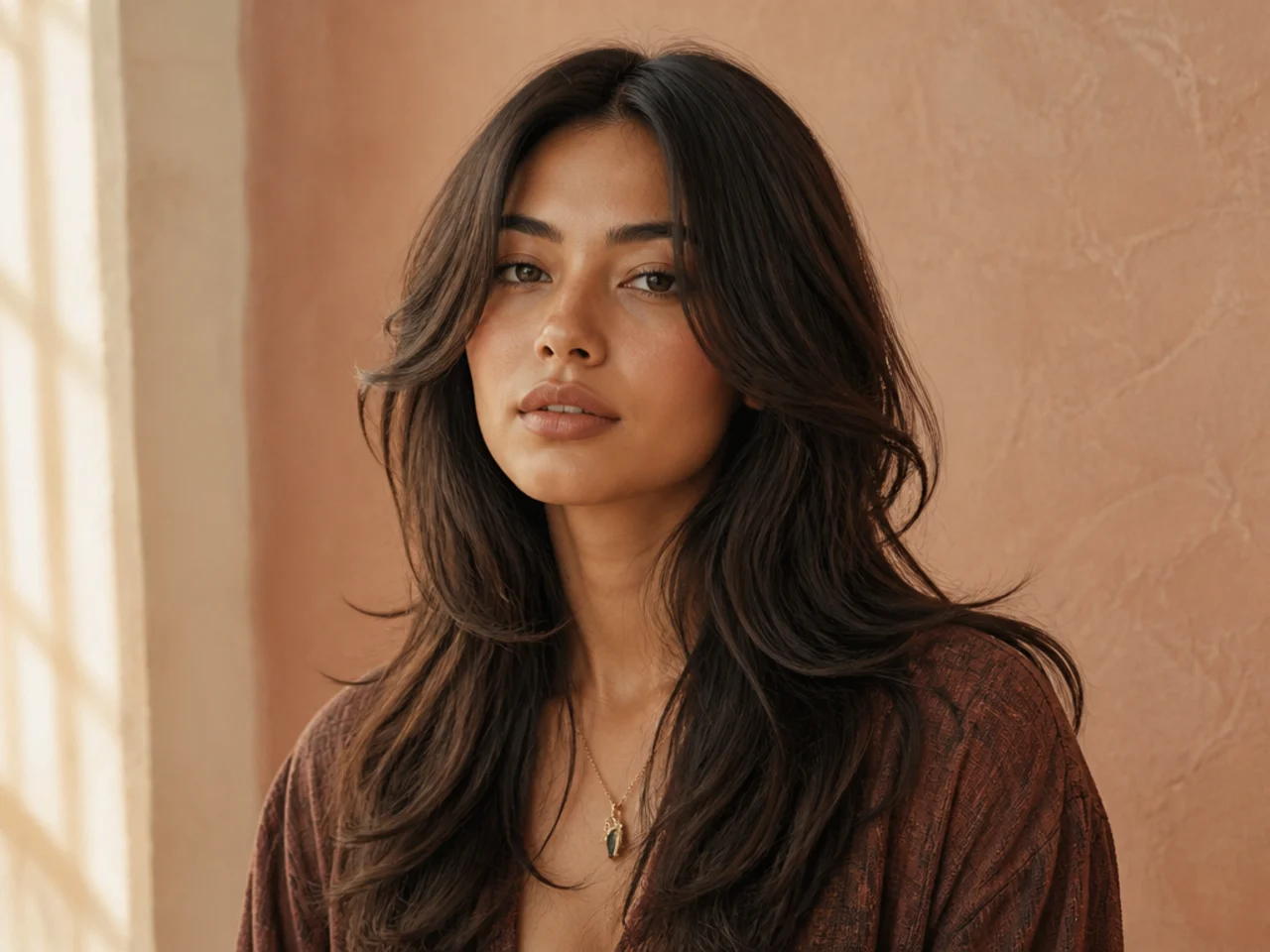 Face-framing layers worn with a centre parting