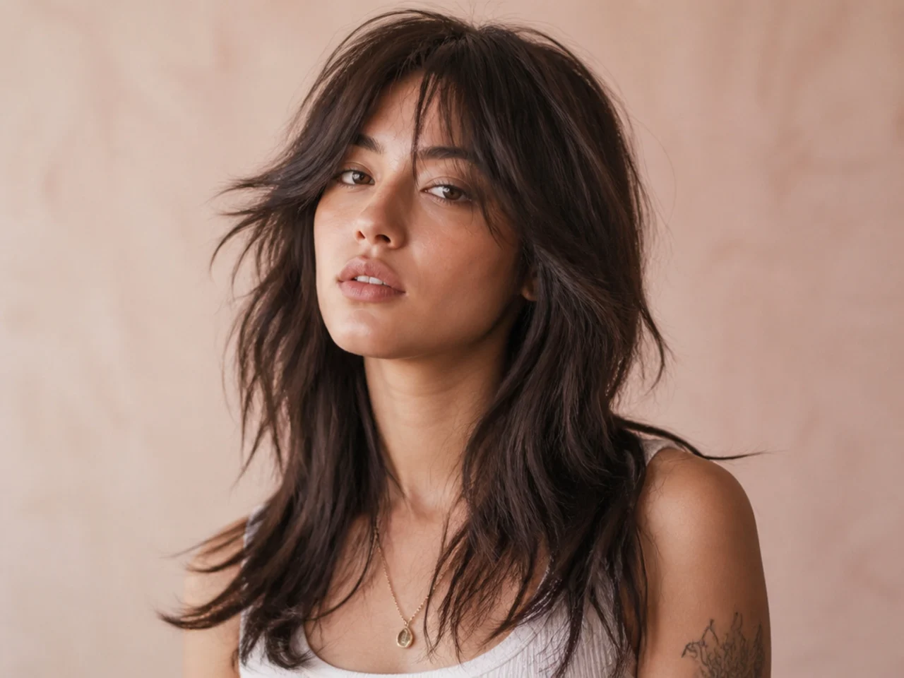 Crown-layered long hair styled with texture spray