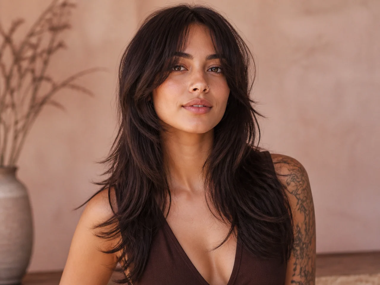 Layered long hair with one inch removed from the ends