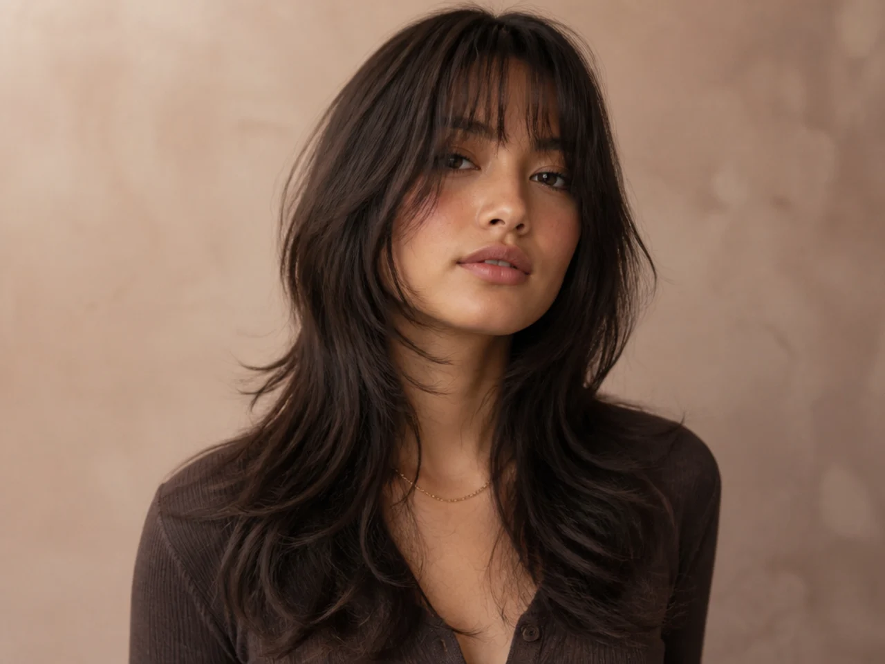Layered long hair with a wispy fringe added