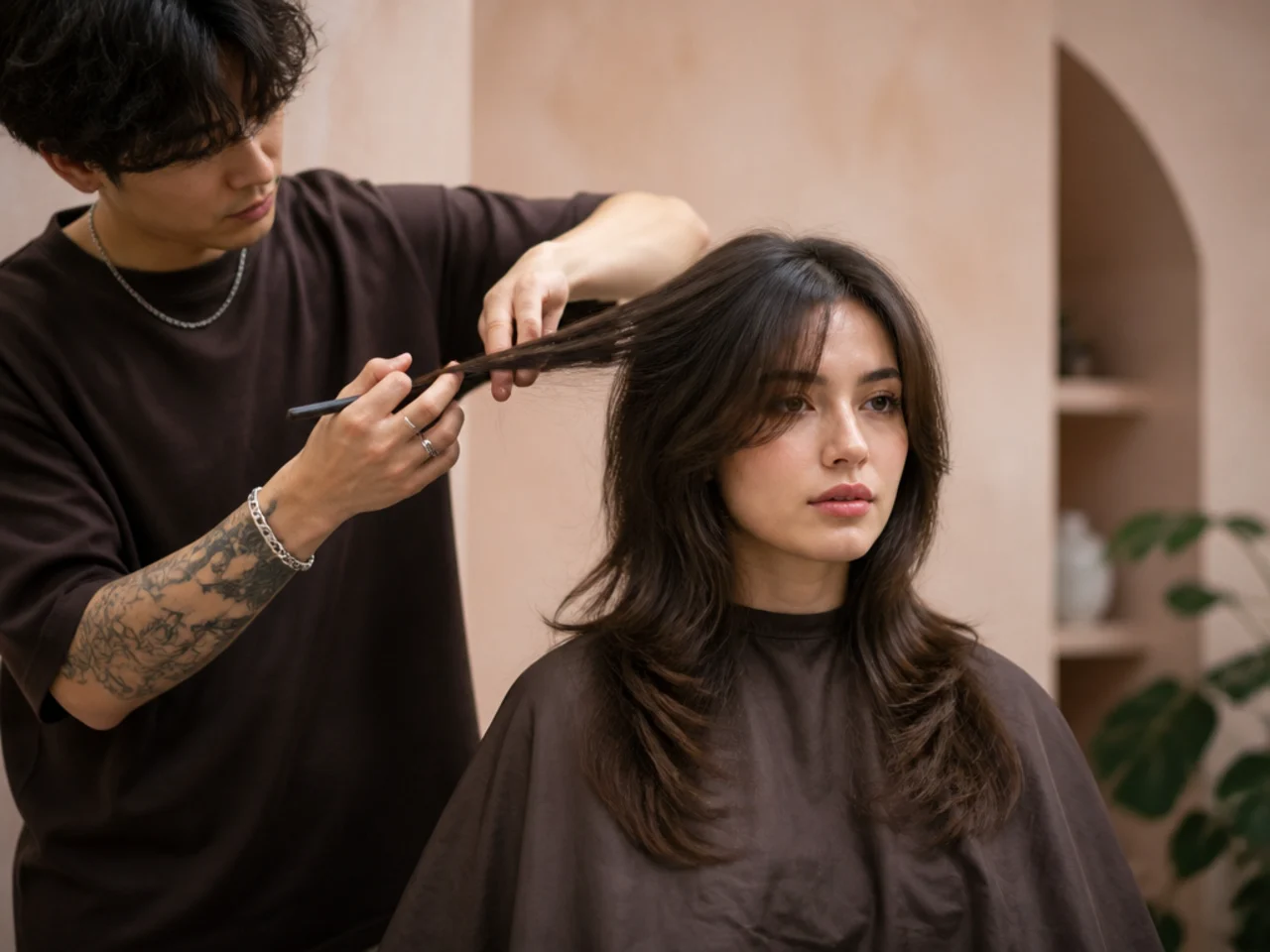 A stylist sectioning long hair for face-framing layers