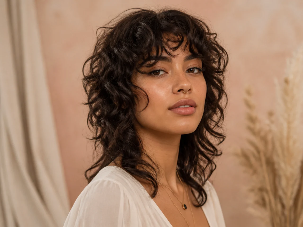 Curly wolf cut with face-framing layers at the cheekbone