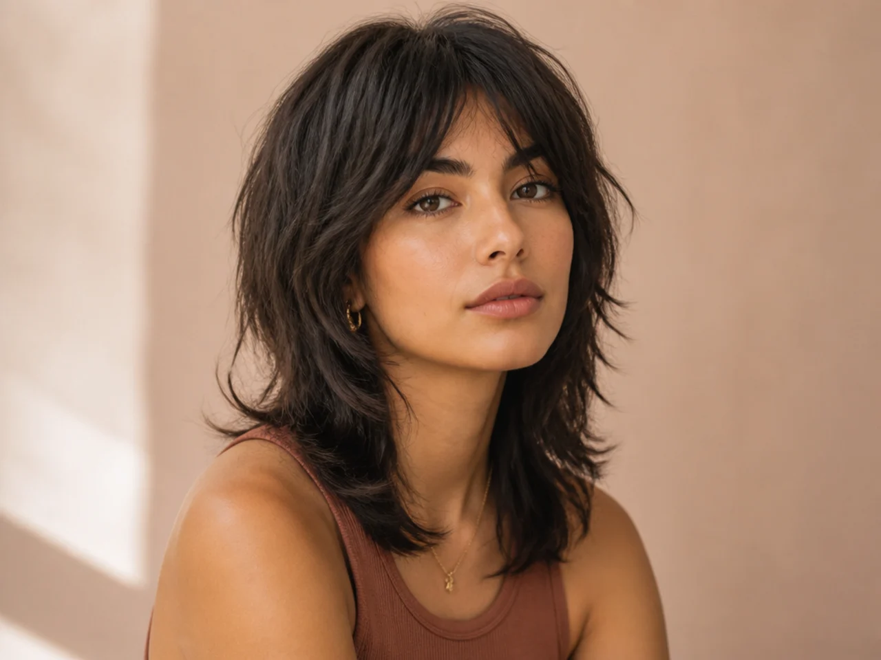 Medium-length wolf cut on medium-density hair