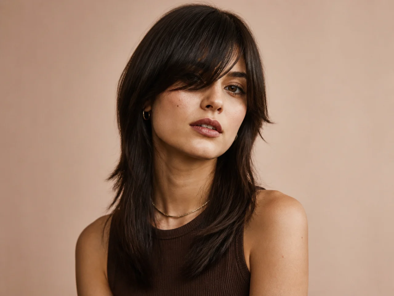 Wolf cut on straight hair with a deep fringe