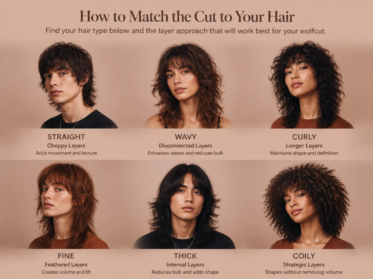 Six hair types labelled with their layer approach