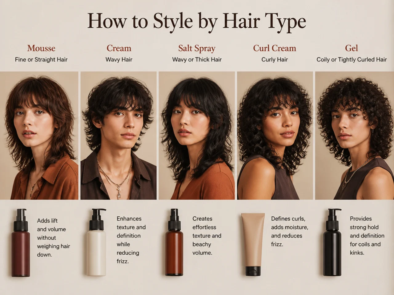 Mousse, cream, salt spray, curl cream and gel arranged by hair type