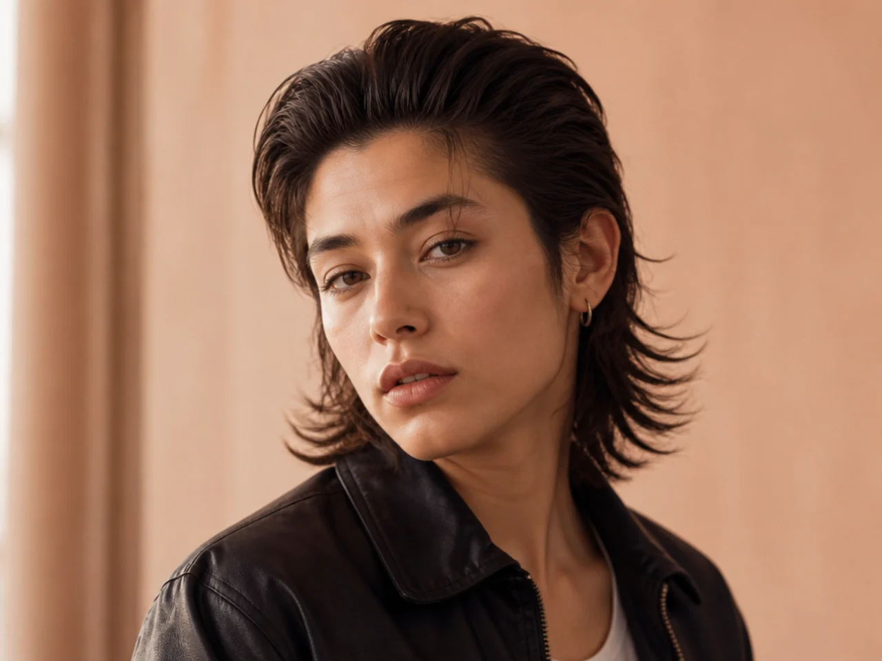 Wolf cut with a slicked-back crown and loose layers