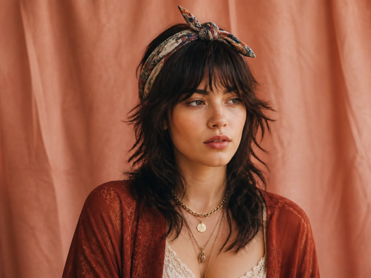 Wolf cut with a scarf tied over the crown