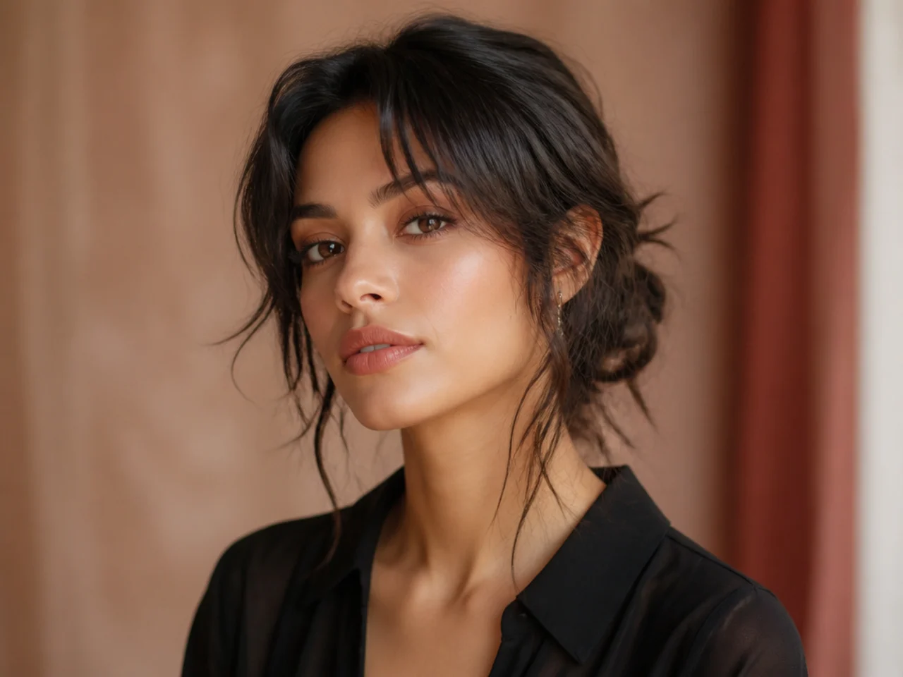 Wolf cut in a low bun with natural tendrils