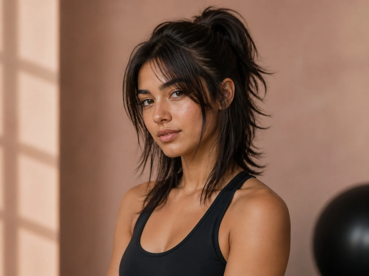 Wolf cut in a high gym ponytail with front pieces loose