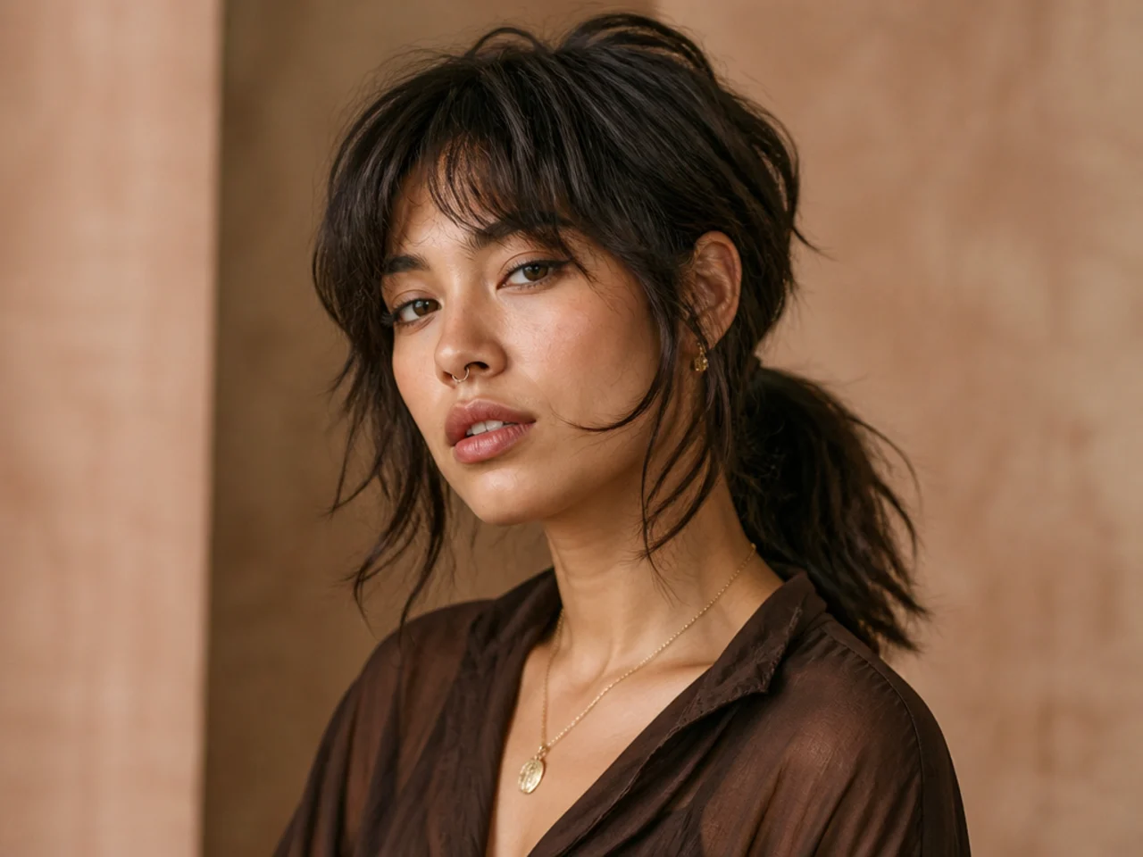 Wolf cut in a low ponytail with face-framing pieces left out