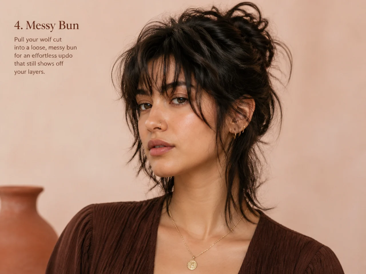 Wolf cut twisted into a messy bun