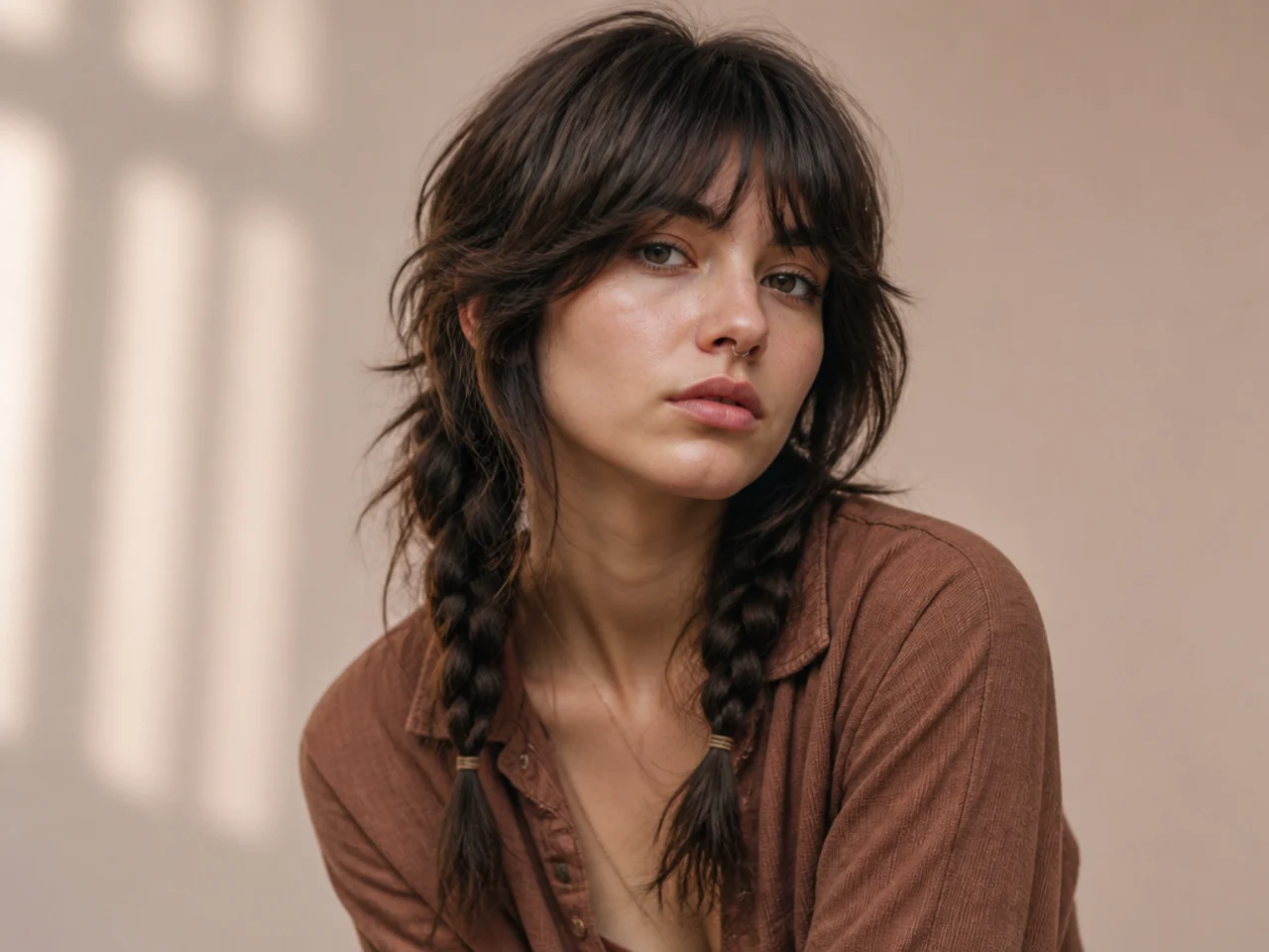 Wolf cut in two loose braids with layers escaping