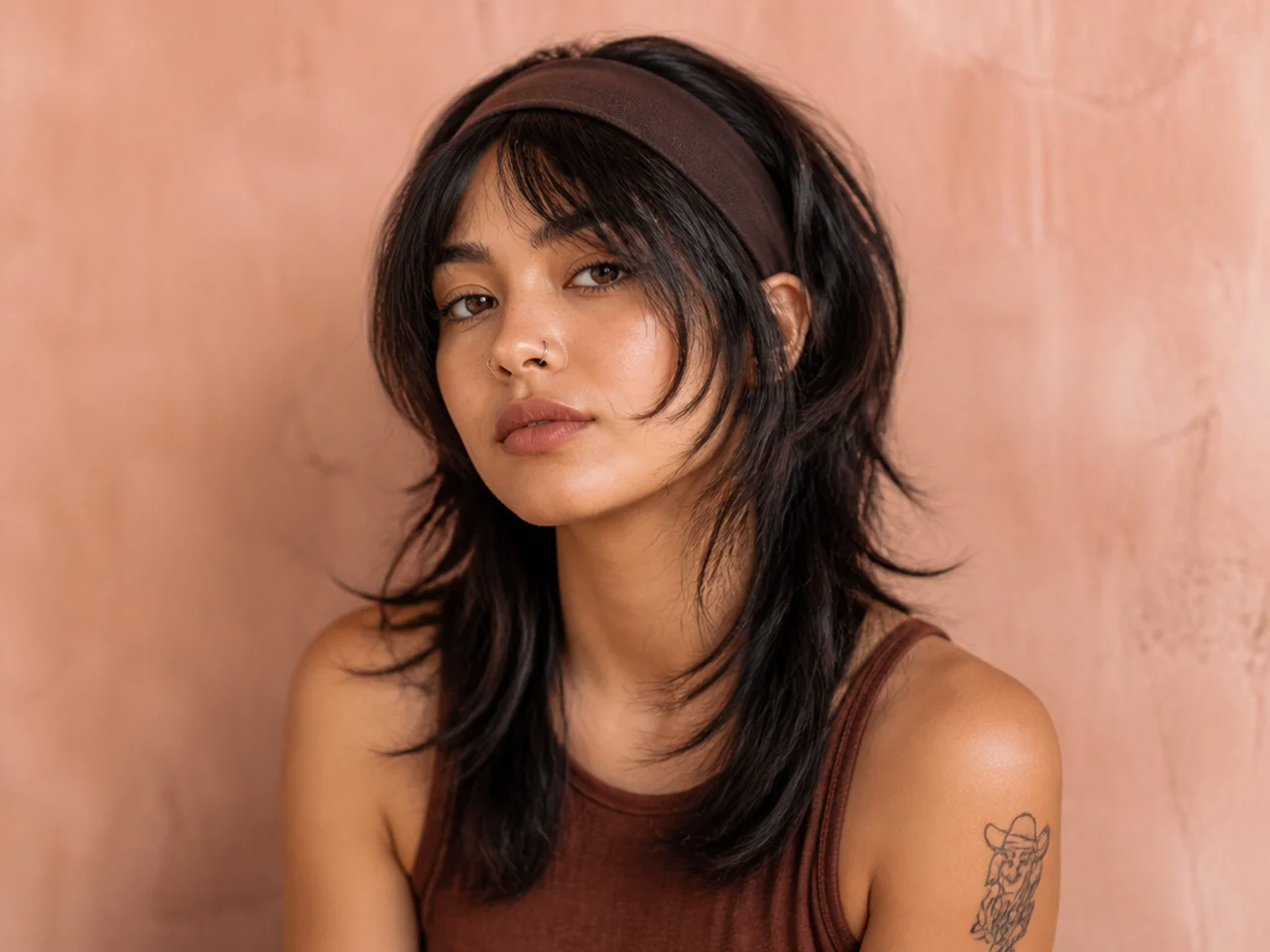 Wolf cut worn with a headband and front layers released