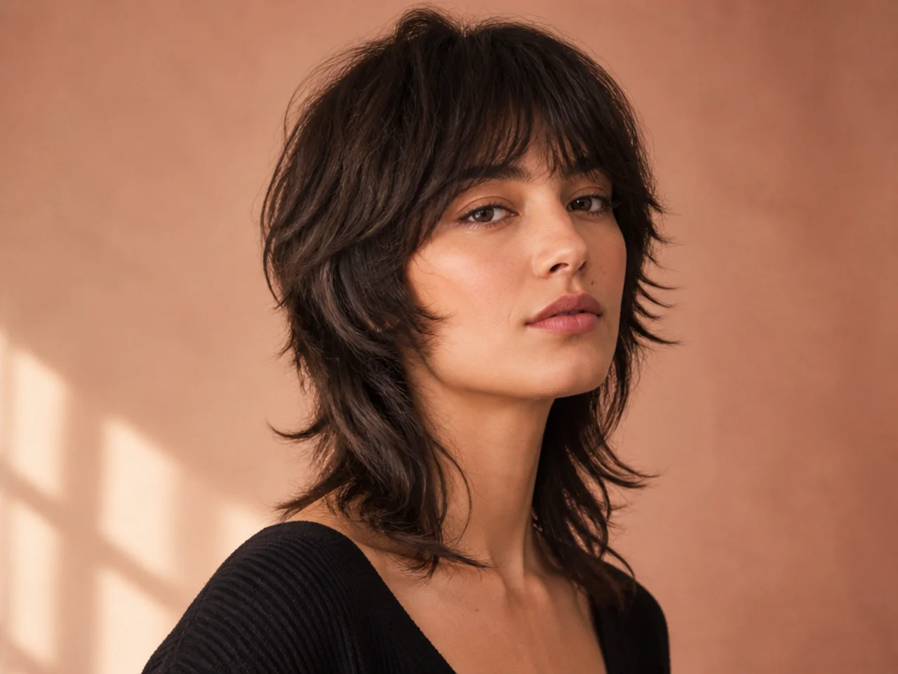 Three-quarter view of a styled wolf cut
