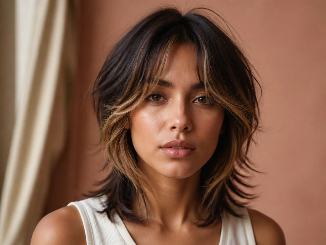 Medium wolf cut with face-framing highlights