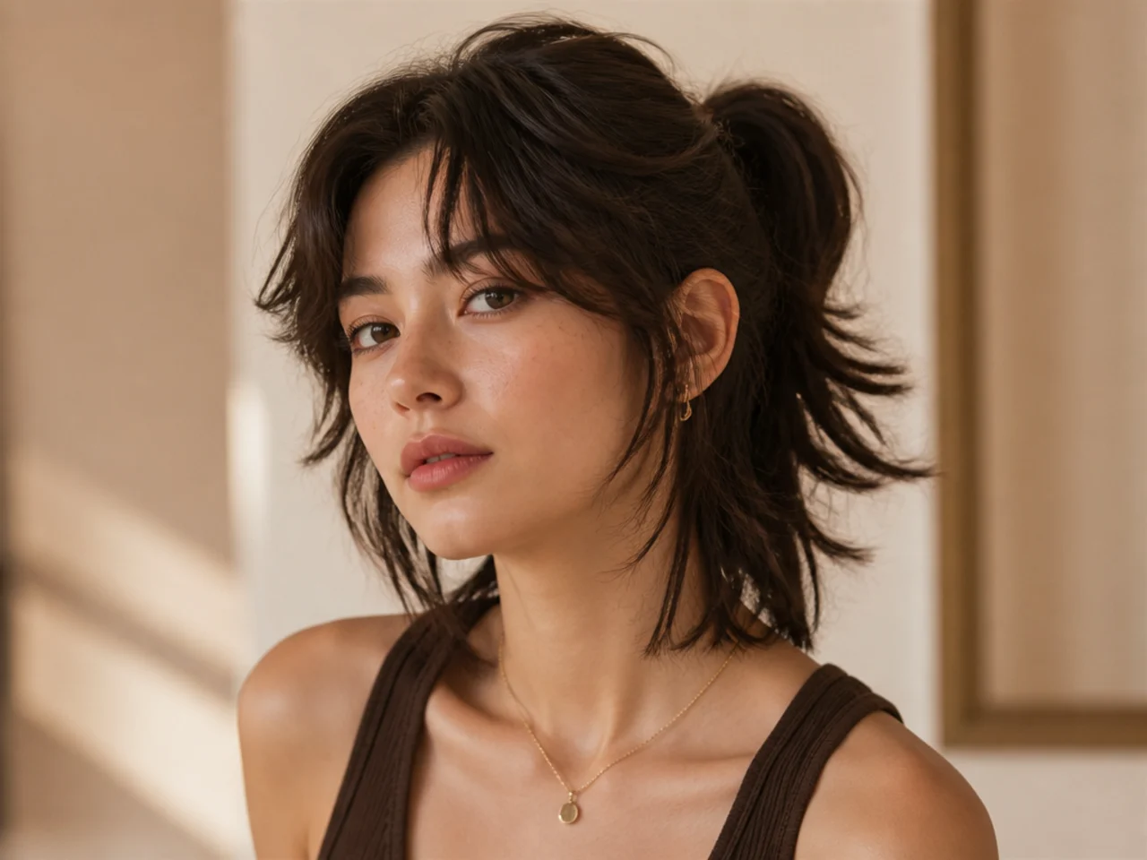 Medium wolf cut gathered into a ponytail