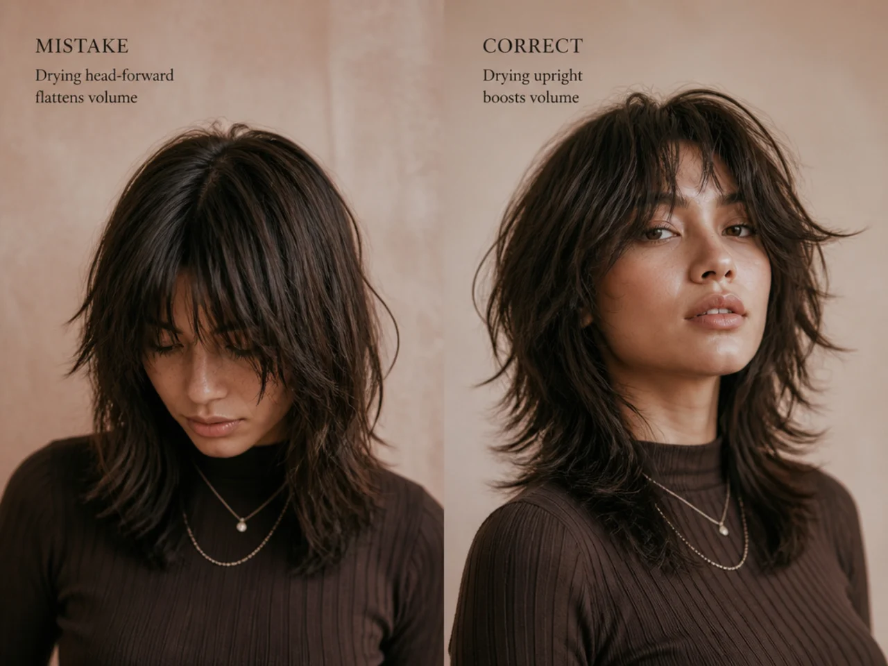 Hair dried head-forward beside hair dried upright showing the volume difference
