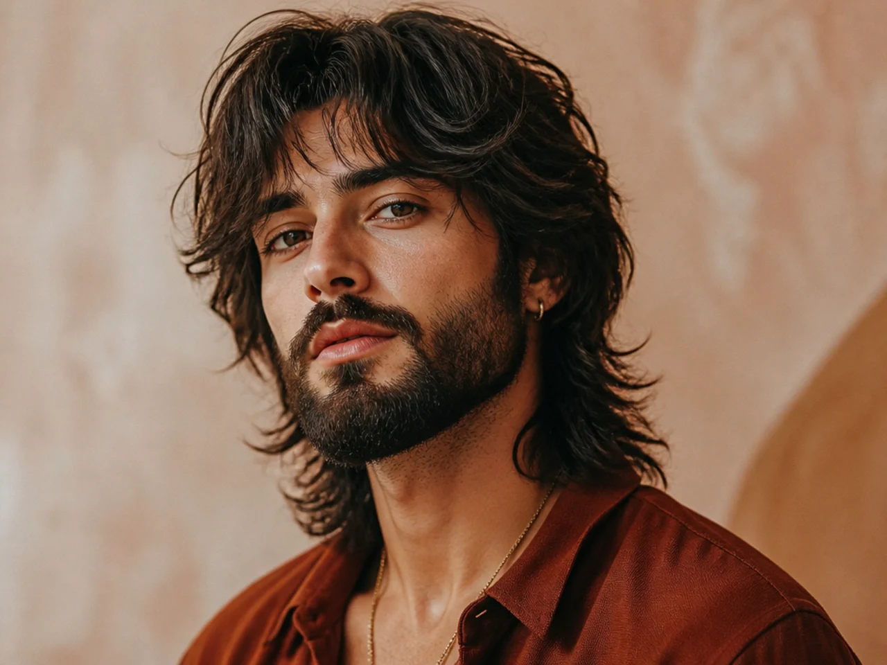 Men's wolf cut paired with a full beard
