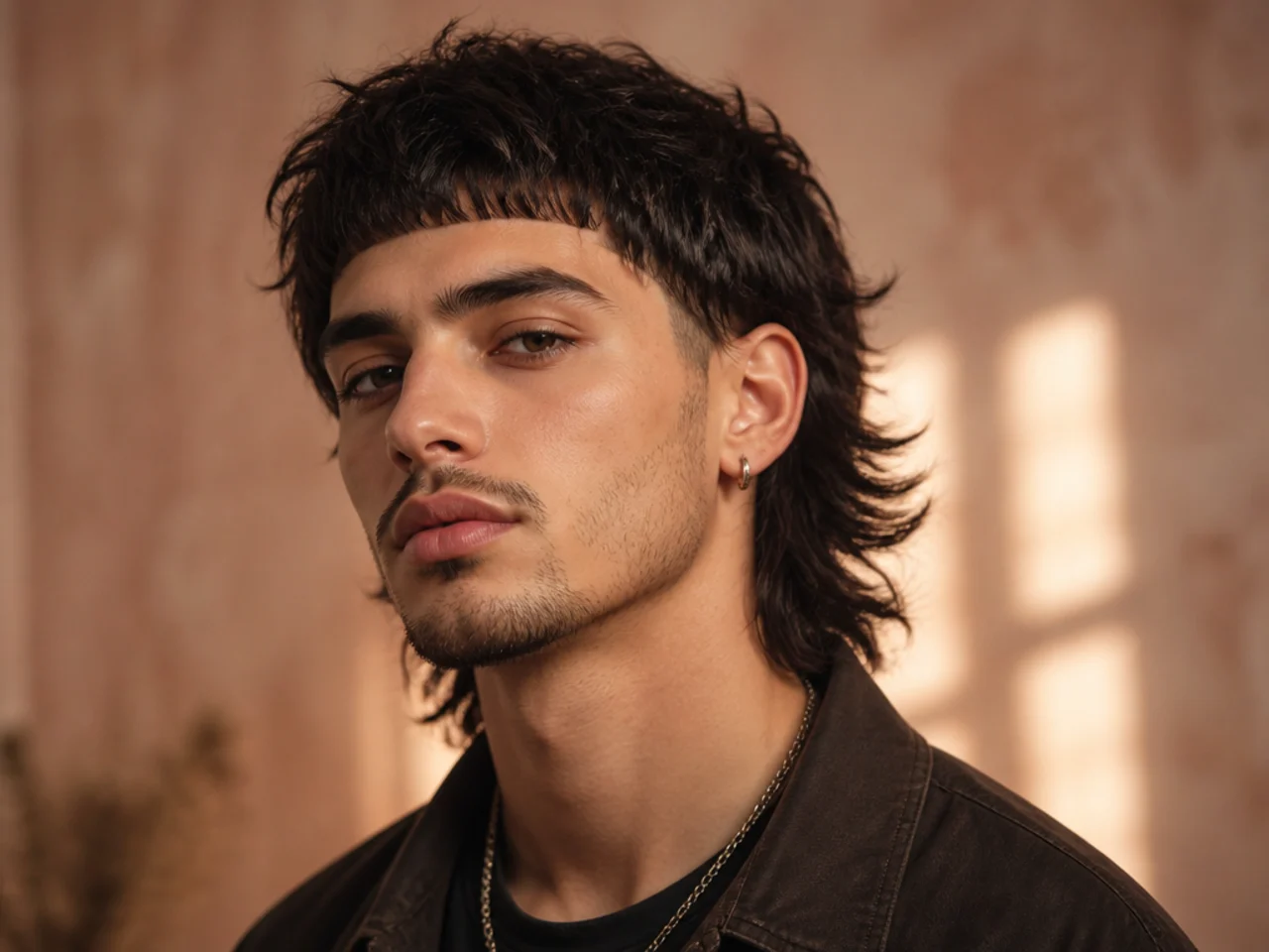 Men's wolf cut with a razored line-up