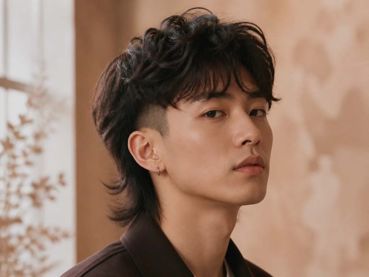 Men's wolf cut with a burst fade around the ear