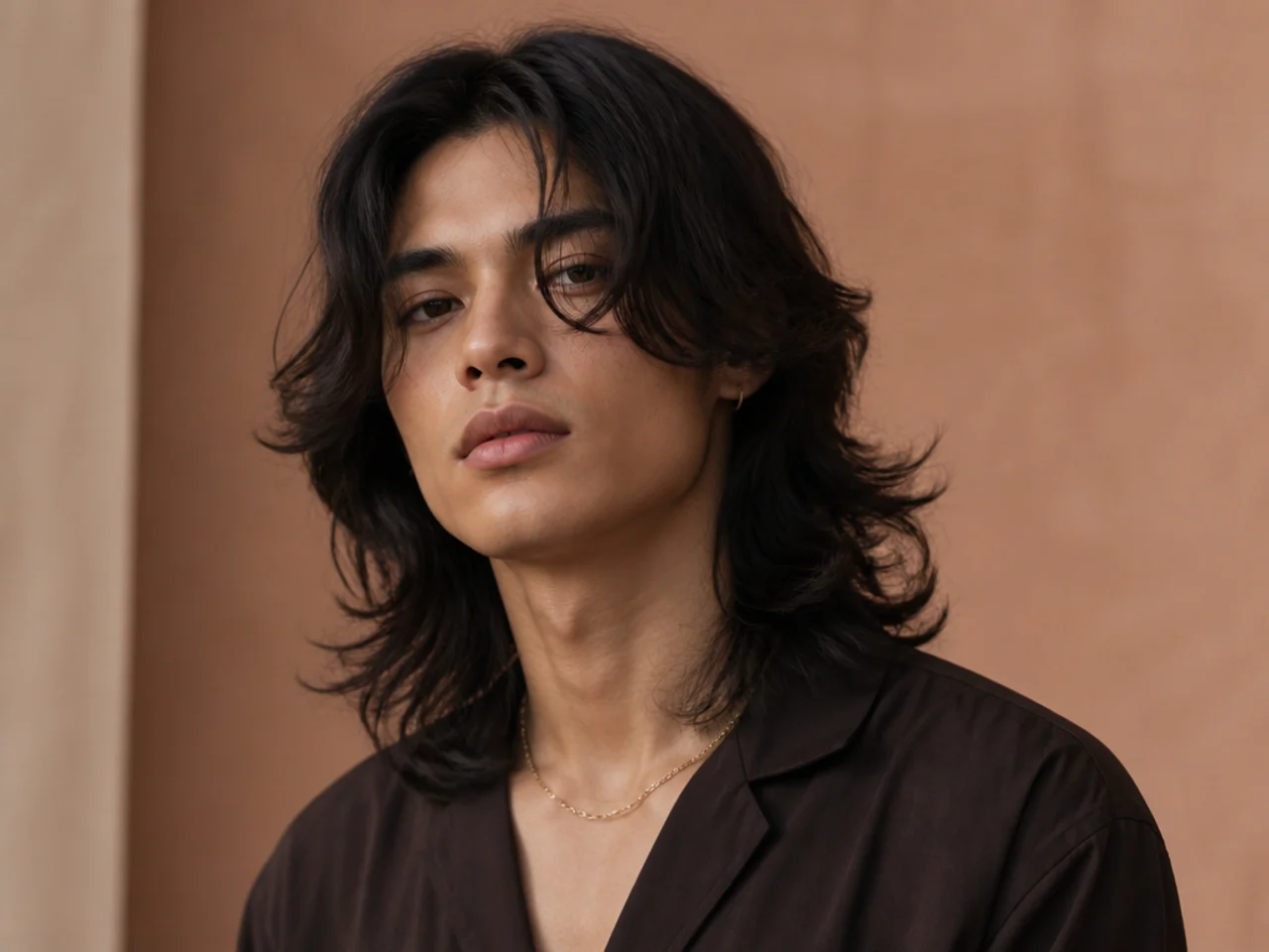 Long men's wolf cut at shoulder length