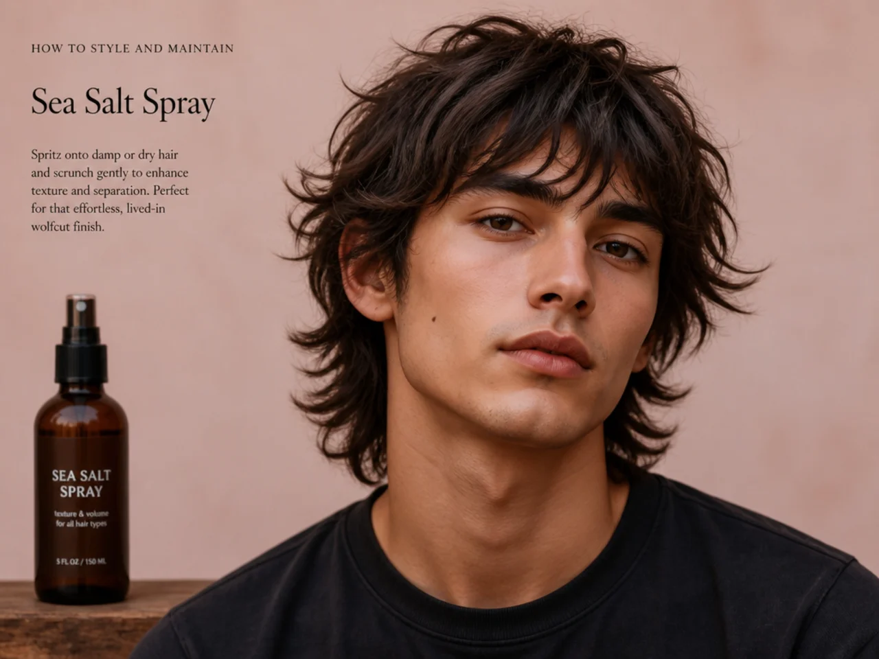 Sea salt spray beside a men's layered wolf cut