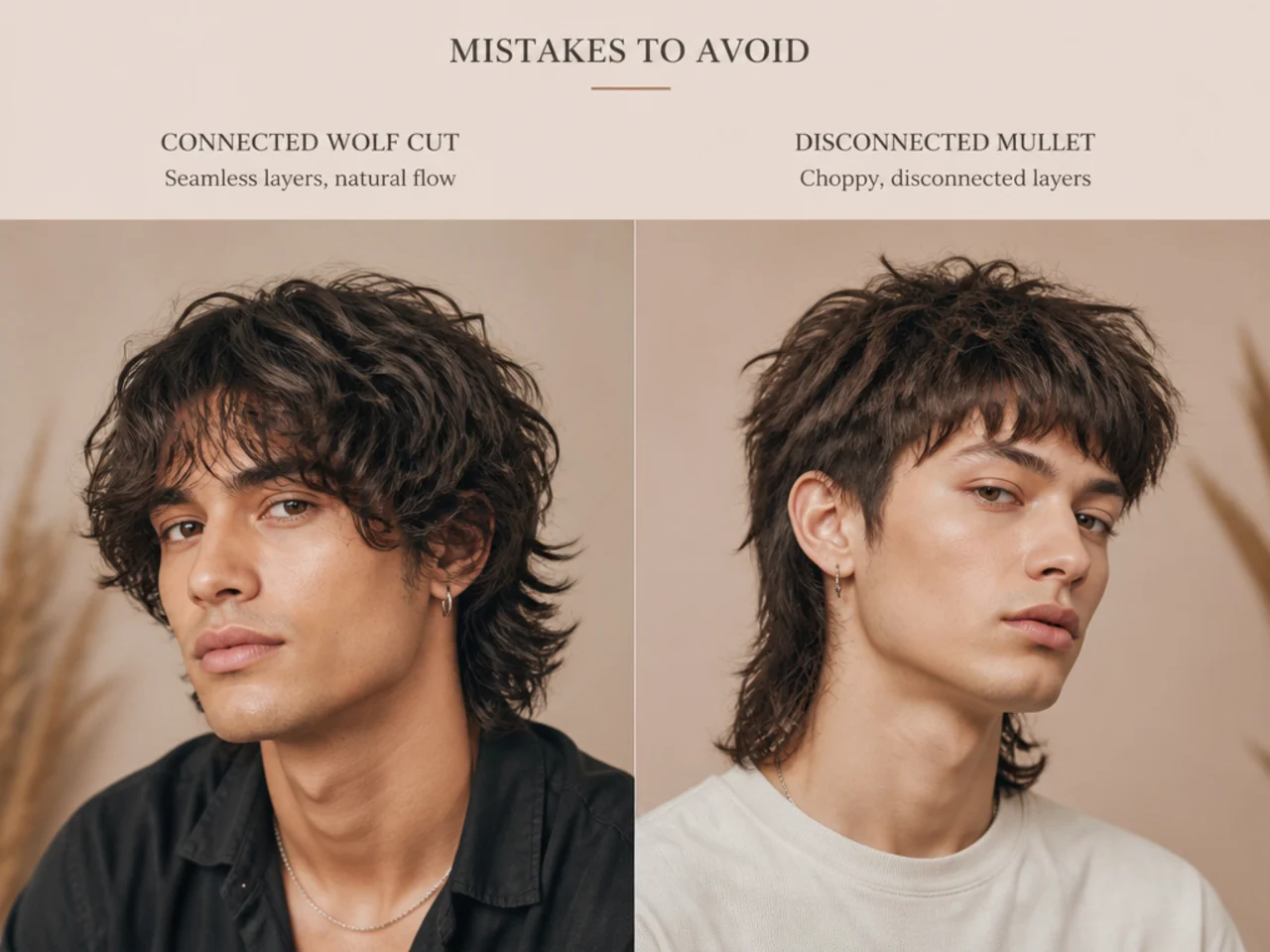 A connected men's wolf cut beside a disconnected mullet