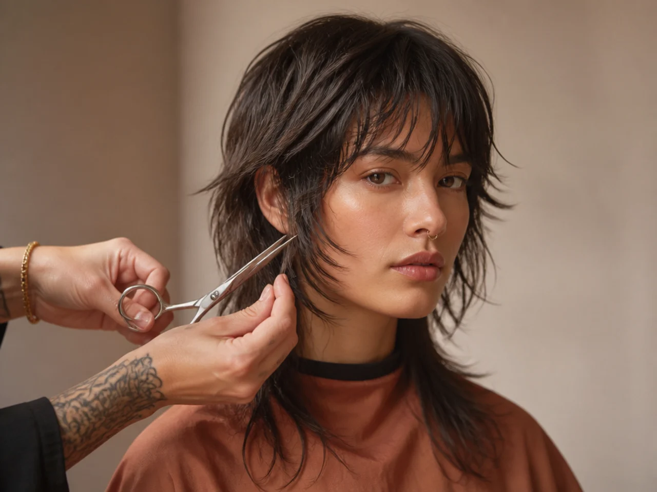 Scissors trimming the face-framing layers of a wolf cut