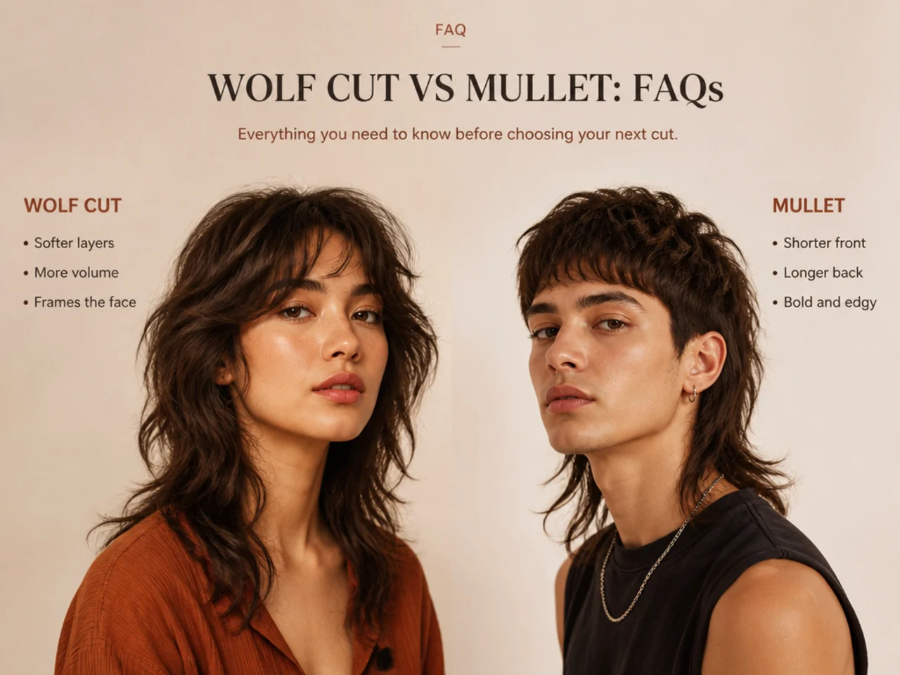 Three-quarter views of a wolf cut and a mullet