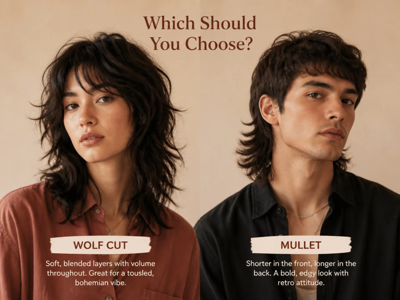 A wolf cut and a mullet shown side by side as a final comparison