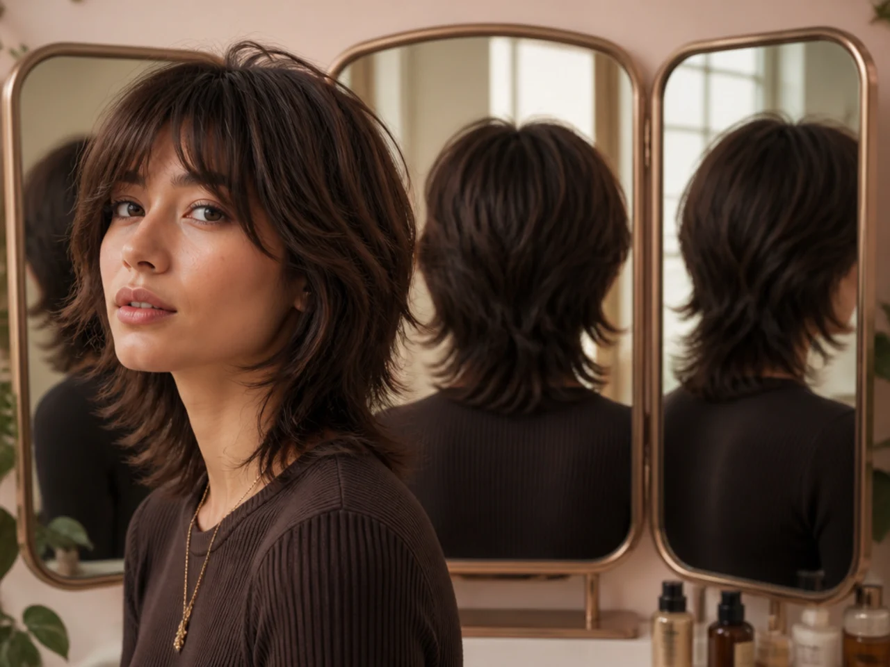 A three-mirror arrangement showing the back of the head